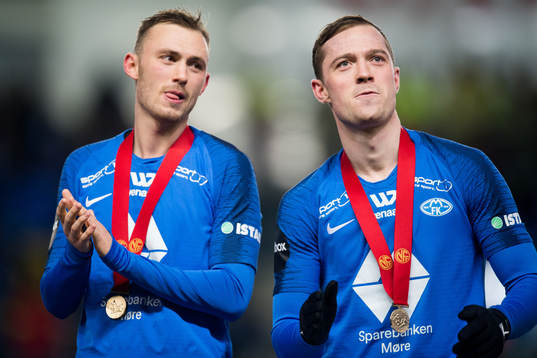 Fredrik Aursnes and Kristoffer Haraldseid of Molde celebrate