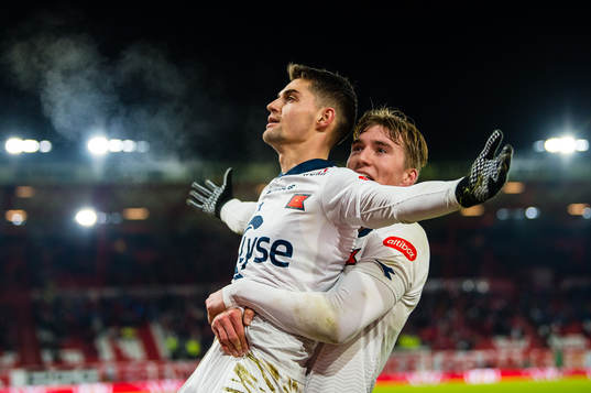 Ylldren Ibrahimaj of Viking celebrates with Kristian