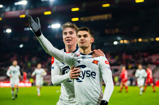 Ylldren Ibrahimaj of Viking celebrates with Kristian
