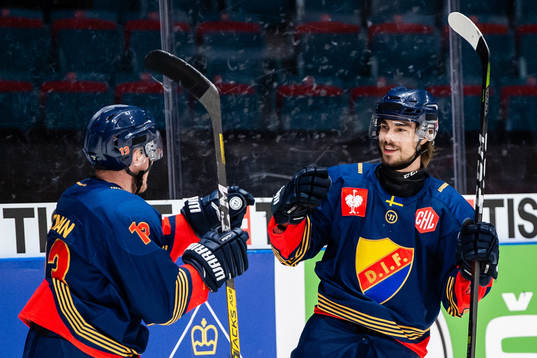 Kalle Östman and Gustav Possler of Djurgården celebrate