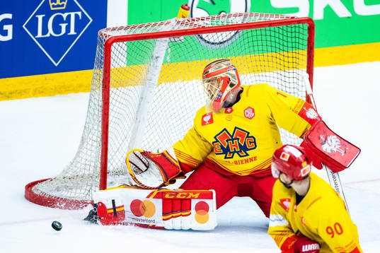 Goalkeeper Jonas Hiller of Biel-Bienne