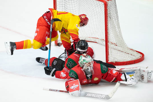 Damien Brunner of Biel-Bienne (not pictured) scores 0-2