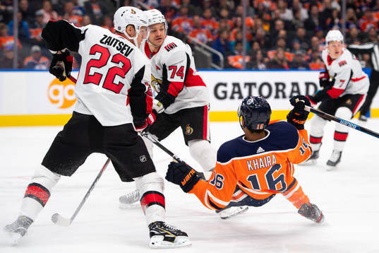 Nikita Zaitsev and Mark Borowiecki of the Ottawa Senators