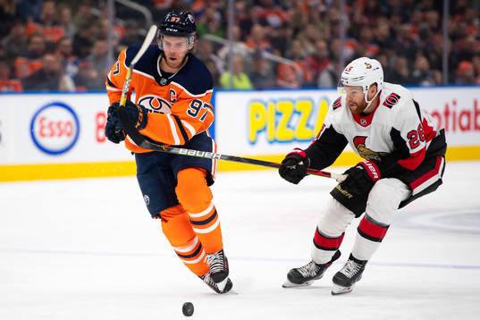 Connor McDavid of the Edmonton Oilers and Connor Brown of
