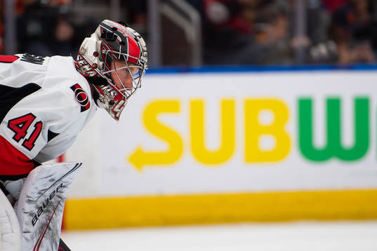 goaltender Craig Anderson of the Ottawa Senators  looks
