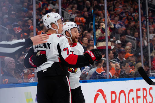 Brady Tkachuk and Connor Brown of the Ottawa Senators