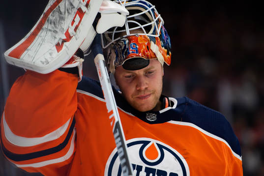 goaltender Mikko Koskinen of the Edmonton Oilers looks