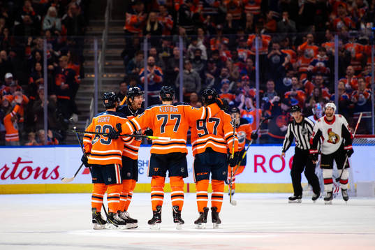Oscar Klefbom of the Edmonton Oilers celebrates