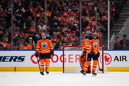 Oscar Klefbom and Adam Larsson of the Edmonton Oilers looks