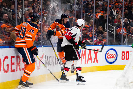 Alex Chiasson, Joakim Nygard of the Edmonton Oilers and Ron