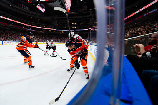 Joel Persson and Gaetan Haas of the Edmonton Oilers