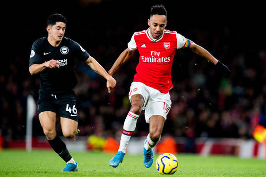 Steven Alzate of Brighton and Pierre-Emerick Aubameyang of