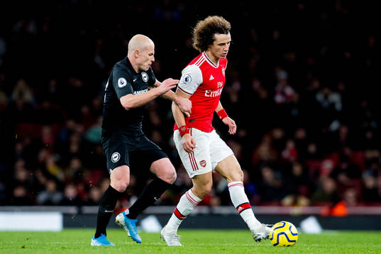 Aaron Mooy of Brighton and David Luiz of Arsenal