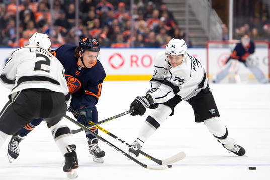 Joakim Nygard of the Edmonton Oilers and Nikolai Prokhorkin