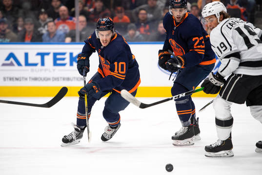 Joakim Nygard of the Edmonton Oilers and Alex Iafallo of
