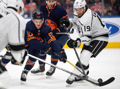 Joakim Nygard of the Edmonton Oilers and Alex Iafallo of