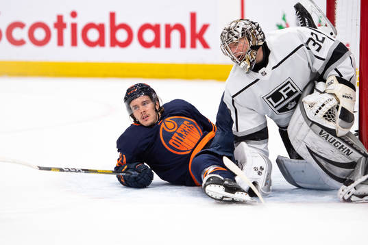 Joakim Nygard of the Edmonton Oilers and goaltender