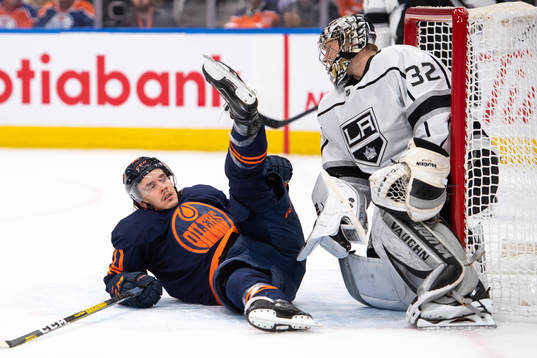 Joakim Nygard of the Edmonton Oilers and goaltender