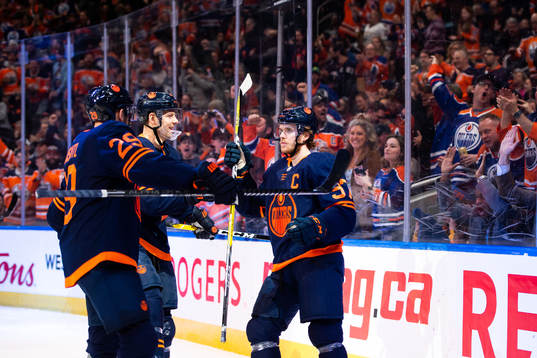 Leon Draisaitl, Alex Chiasson and Connor McDavid of the