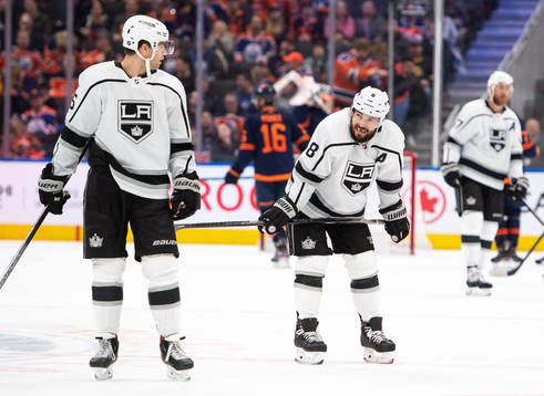Ben Hutton and Drew Doughty of the Los Angeles Kings looks