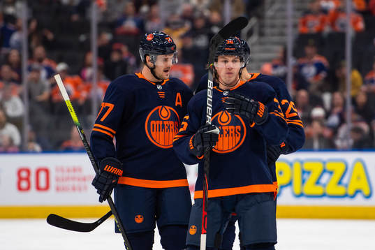 Oscar Klefbom and Joel Persson of the Edmonton Oilers