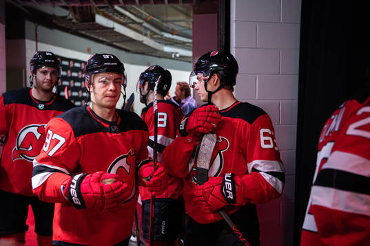 New Jersey Devils Nikita Gusev and Jesper Bratt