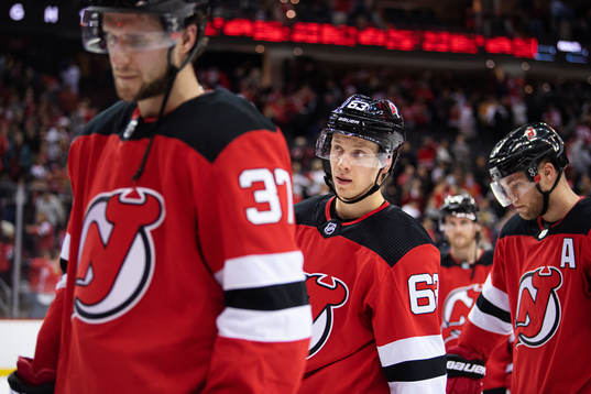 New Jersey Devils Jesper Bratt looks dejected