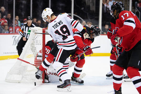Chicago Blackhawks Jonathan Toews in action against New