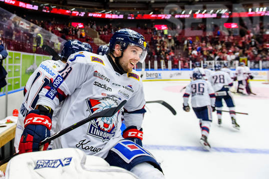 Linköpings Andrew Gordon jublar  ishockeymatchen i SHL