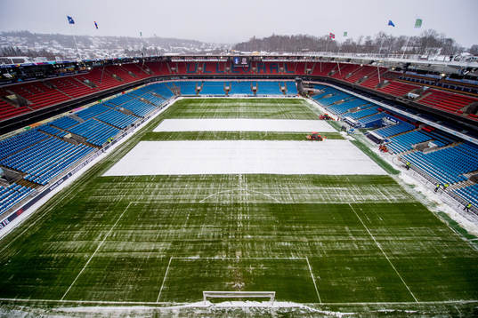 General view of Ullevaal stadion as the snow is being