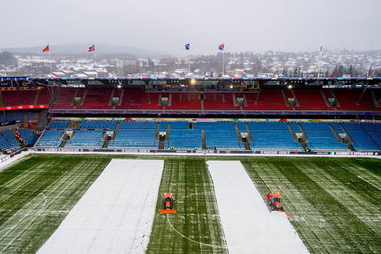 General view of Ullevaal stadion as the snow is being