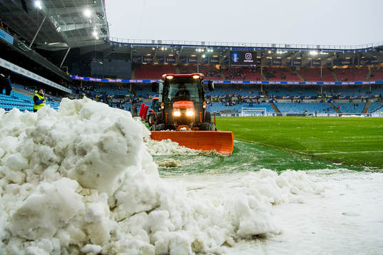 General view of Ullevaal stadion as the snow is being