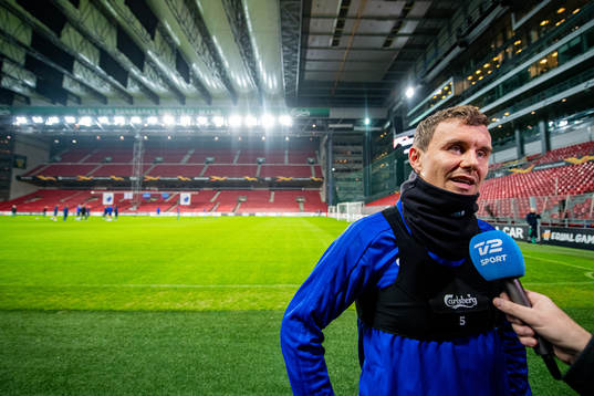 Andreas Bjelland of FC Köpenhamn talk with media
