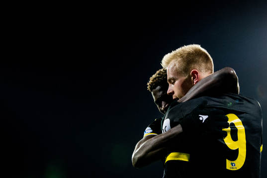 Martin Ramsland of Start celebrates with teammate Afeez