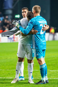 Sotirios Papagiannopoulos and goalkeeper Karl-Johan