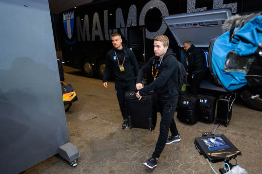 Eric Larsson and Oscar Lewicki of Malmö FF arrives prior