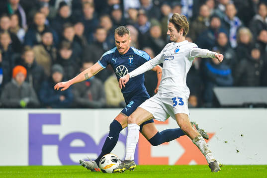 Eric Larsson of Malmö FF and Rasmus Falk of FC Köpenhamn