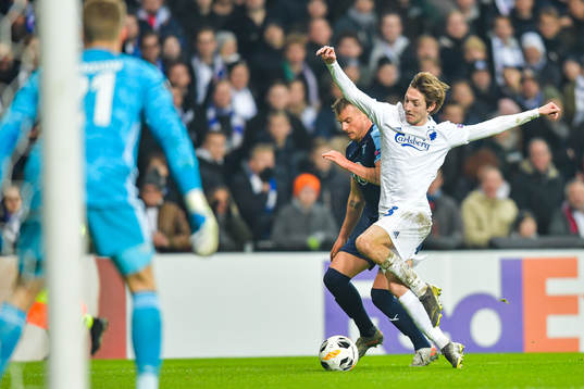 Eric Larsson of Malmö FF and Rasmus Falk of FC Köpenhamn