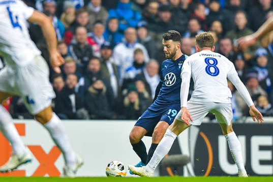 Erdal Rakip of Malmö FF and Nicolaj Thomsen +of FC