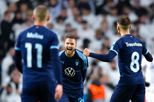 Lasse Nielsen of Malmö FF celebrates with Guillermo Molins