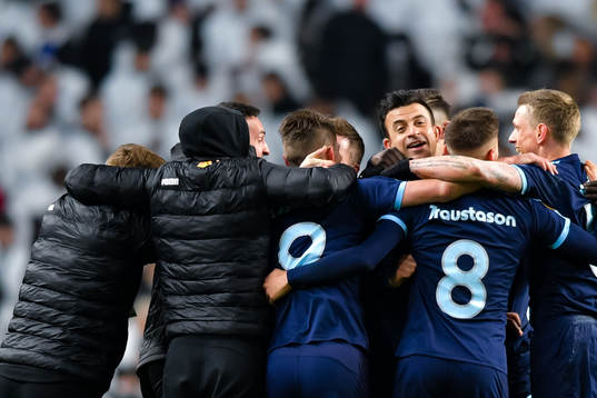 Behrang Safari of Malmö FF celebrates with team-mates