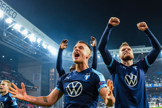 Eric Larsson and Lasse Nielsen of Malmö FF celebrate