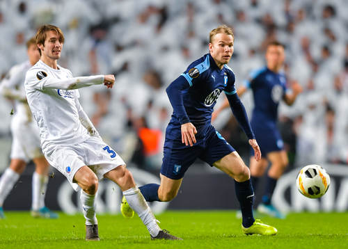 Rasmus Falk of FC Köpenhamn and Oscar Lewicki of Malmö FF