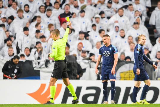 Eric Larsson of Malmö FF revives a yellow card from