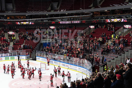Malmö Redhawks spelare jublar med supportrarna