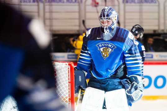 Goalkeeper Justus Annunen of Finland looks dejected