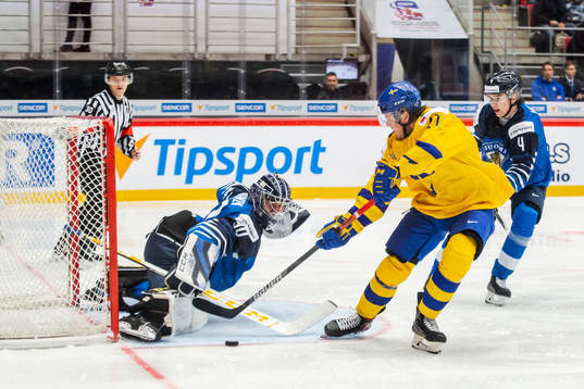 Samuel Fagemo of Sweden against goalkeeper Justus Annunen