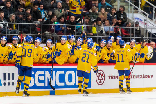 Samuel Fagemo celebrate with David Gustafsson and Nils