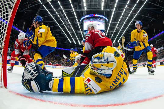 Goalkeeper Hugo Alnefelt of Sweden with a save