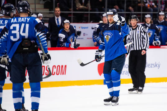 Mikko Kokkonen of Finland celebrate the 5-0 goal